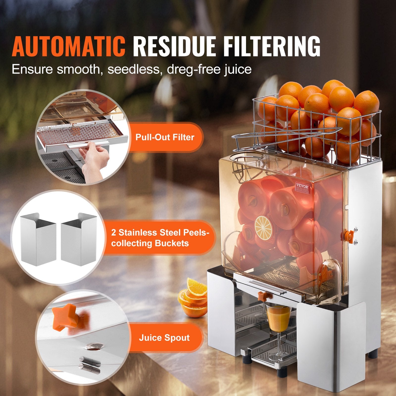 Commercial Orange Juicer Machine, 120W Automatic Juice Extractor, Stainless Steel Orange Squeezer For 20 Oranges Per Minute, With Pull-Out Filter Box, PC Cover, 2 Peel Collecting Buckets