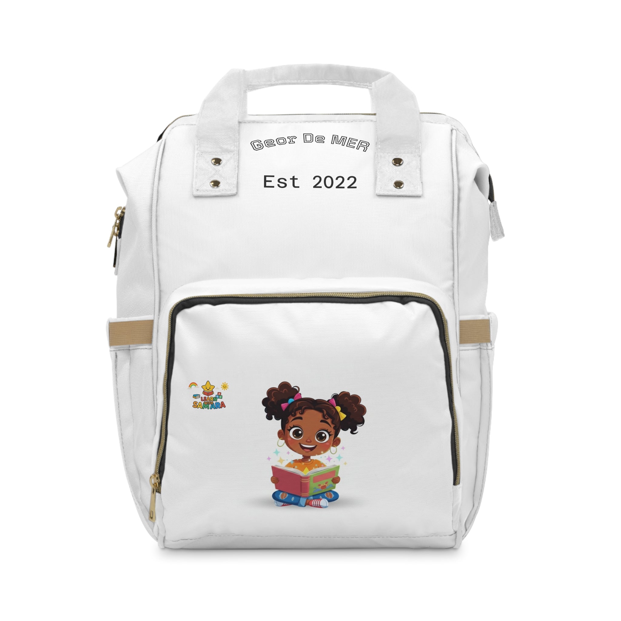 Smiling Little Girl Reading Illustration Diaper Backpack | Baby Mom Travel Bag