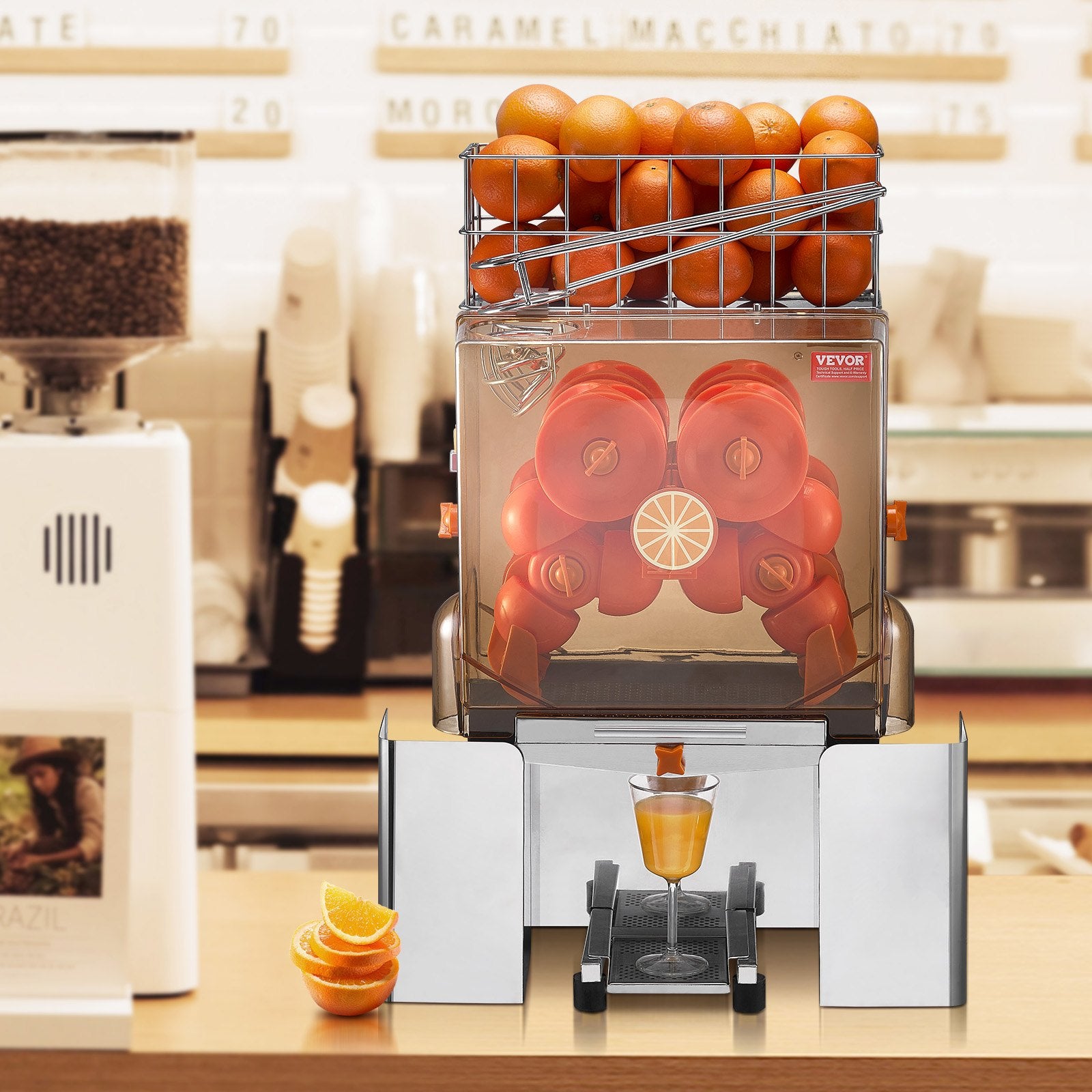Commercial Orange Juicer Machine, 120W Automatic Juice Extractor, Stainless Steel Orange Squeezer For 20 Oranges Per Minute, With Pull-Out Filter Box, PC Cover, 2 Peel Collecting Buckets