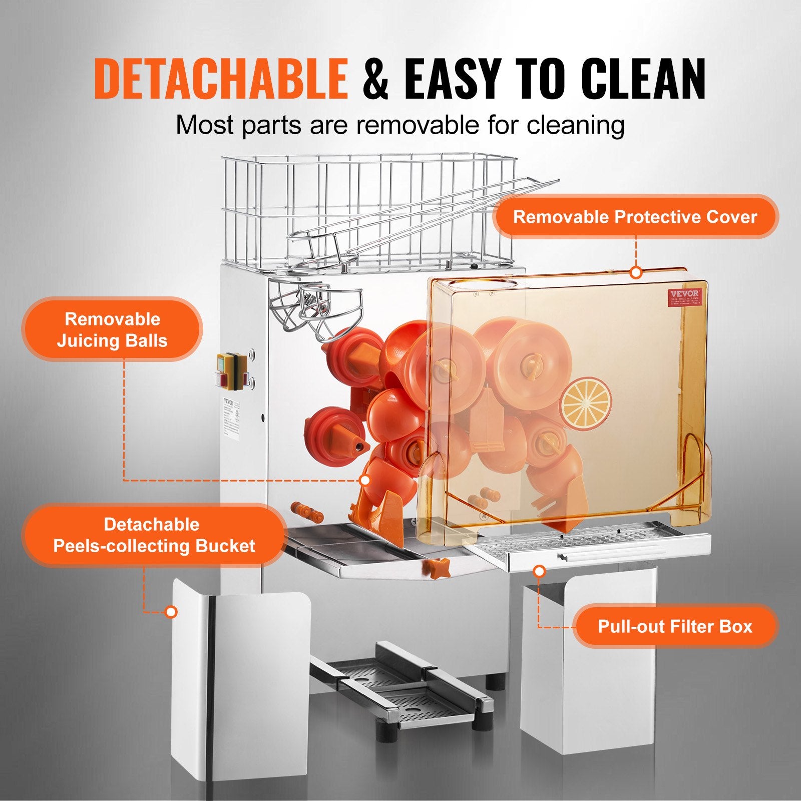 Commercial Orange Juicer Machine, 120W Automatic Juice Extractor, Stainless Steel Orange Squeezer For 20 Oranges Per Minute, With Pull-Out Filter Box, PC Cover, 2 Peel Collecting Buckets